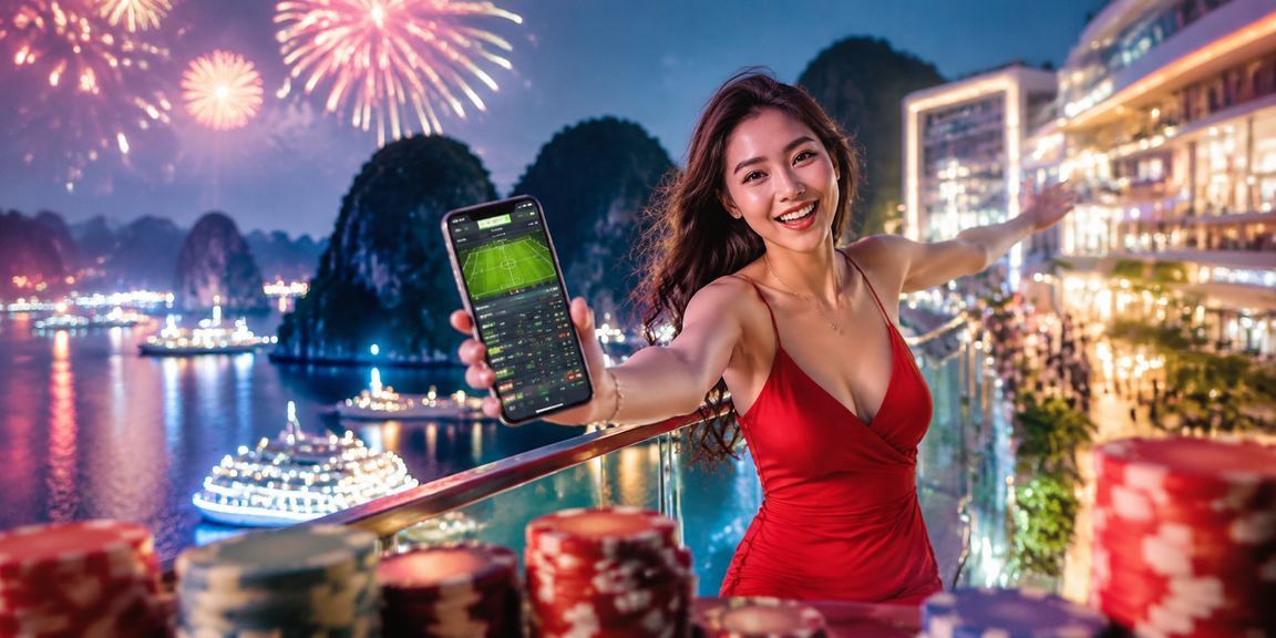 Người dùng truy cập casino trực tuyến trên điện thoại trong không gian vịnh Hạ Long